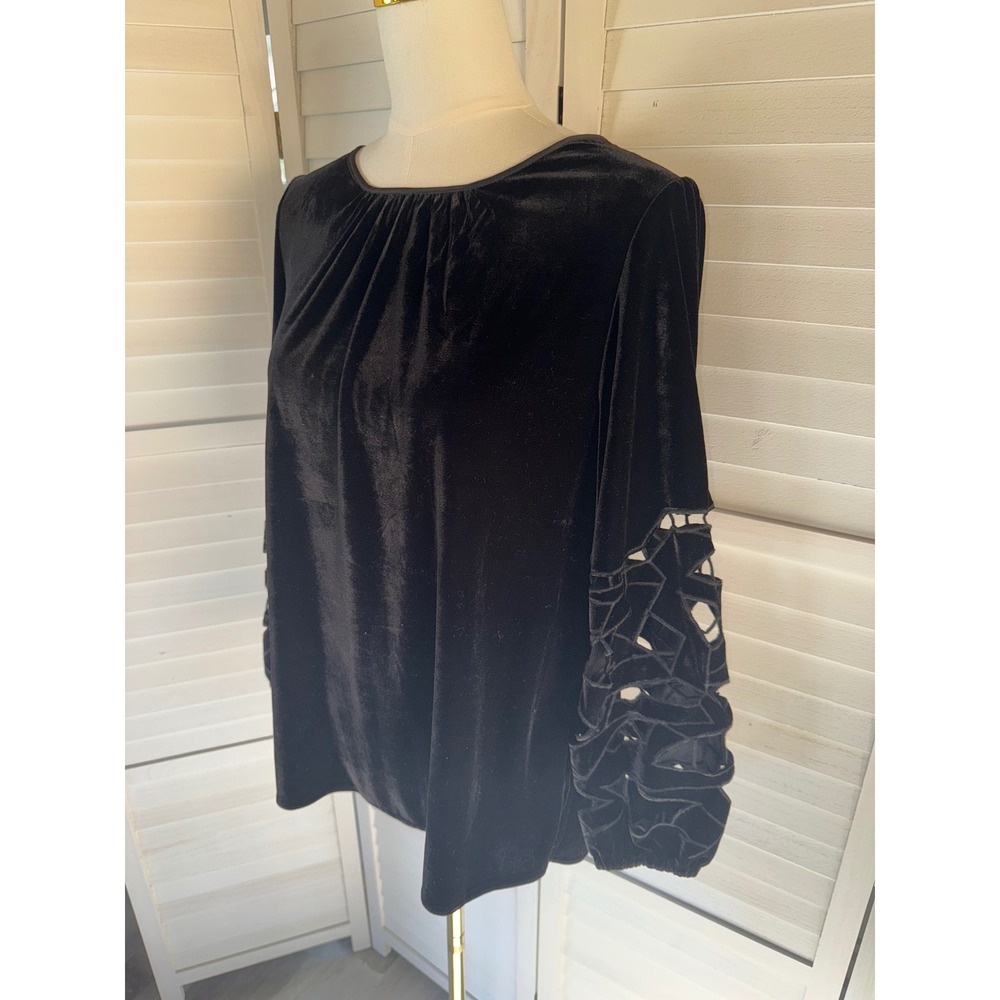 Joie Velvet Blouse Women Black Cut-out Lattice Sleeve Round Neck XL - Picture 5 of 8